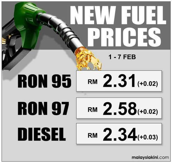 Harga Petrol dan Diesel mulai 1 Feb hingga 7 Feb 18.